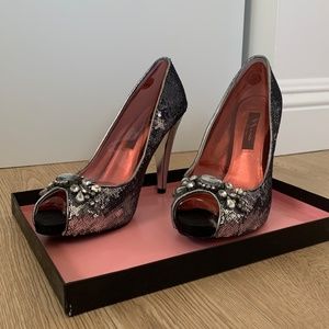 Nina New York Black Pewter Erna Jeweled Heel Pumps